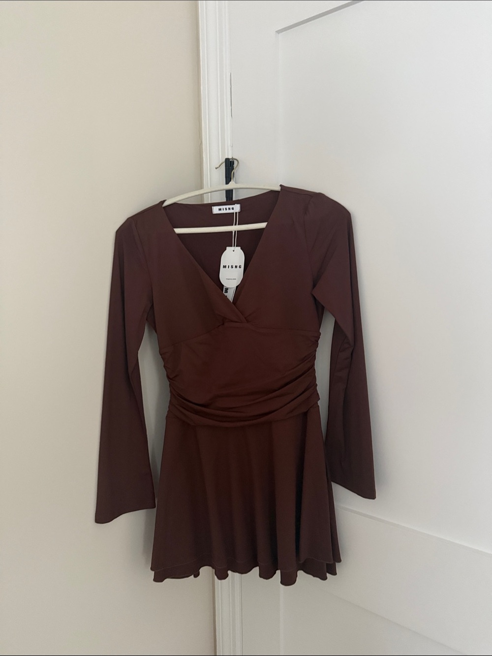 Women's Long-Sleeve V-Neck Brown Fit & Flare Mini Dress